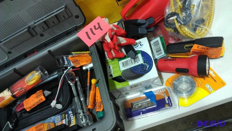 Hand tools, stud finder, gloves, bungie cords...