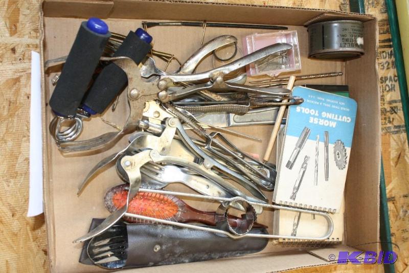 Box lot including Tools, Kitchen Utensils, Si...