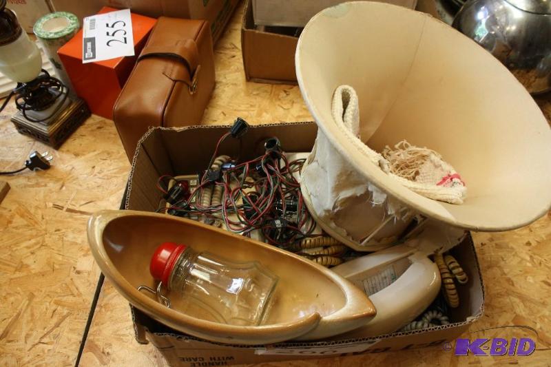 Box lot including Corded Phones, Lampshade, ...
