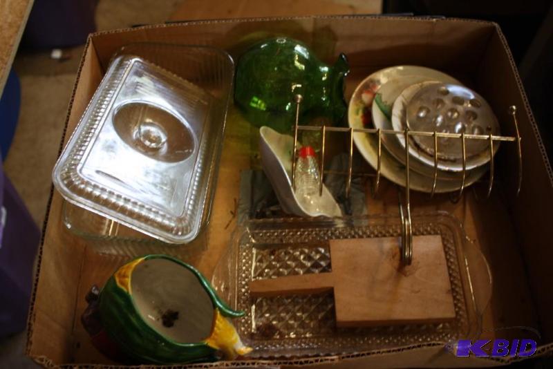 Box lot including Plates, Glass Trays, Vases ...