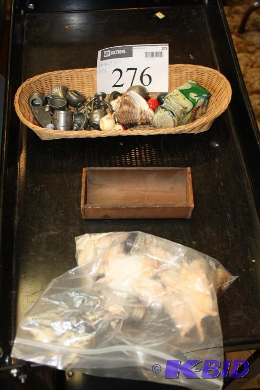 Basket lot including Seashells, Glass Bottles...