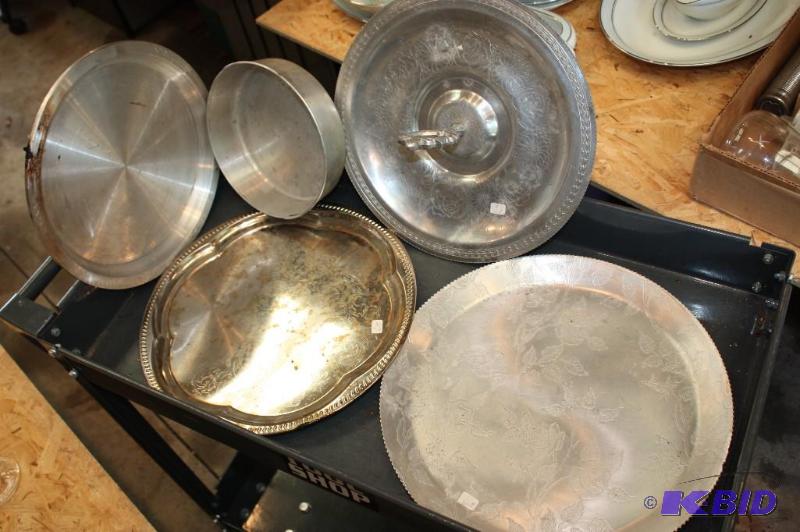 Lot of (5) Silver Serving Trays, (3) Etched...
