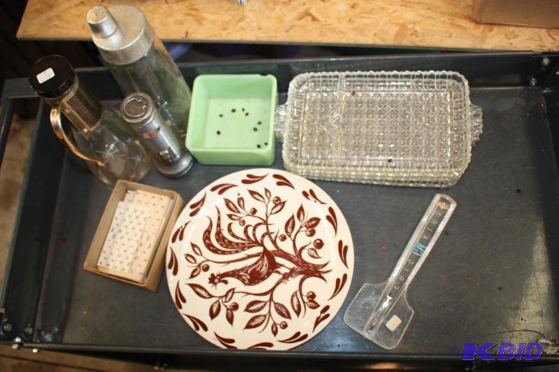 Box lot including Serving Trays, Plates, Glas...