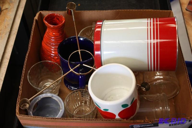 Box lot including Glass Cups, Mugs, Vases and...