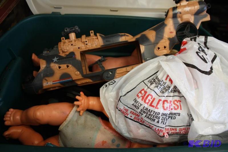 Plastic Tub Lot Including Kids Helmet, Dolls...