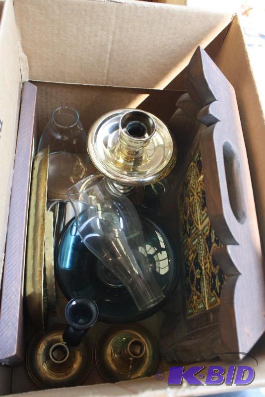 Box Lot Including Hurricane Lamps, Brass Can...