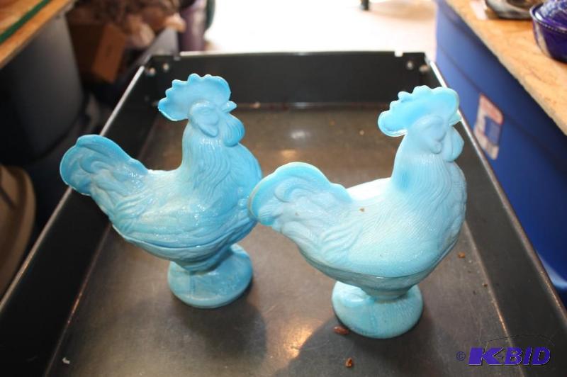 Lot of (2) Blue Standing Rooster Glass Candy...