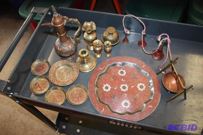 Lot of (13) Brass Plates, Serving Tray, Tea P...