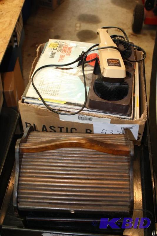 Box lot including Shoe Shiner, Records, Yarn ...