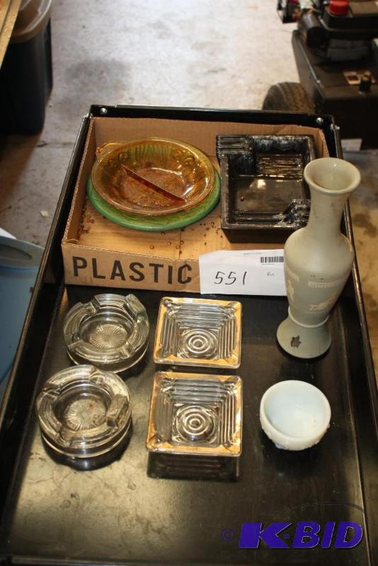 Box Lot Including Vintage Glass Ashtrays, Vi...