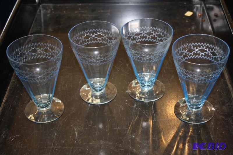 Lot of (4) Blue Glass Etched Water Goblets...
