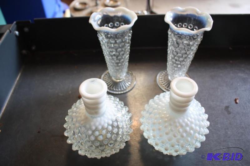 Lot of (4) Including (2) Hobnail Glass Candl...