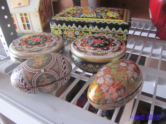 lot 22 image: Lot of (5) enameled collectible tins, made in...