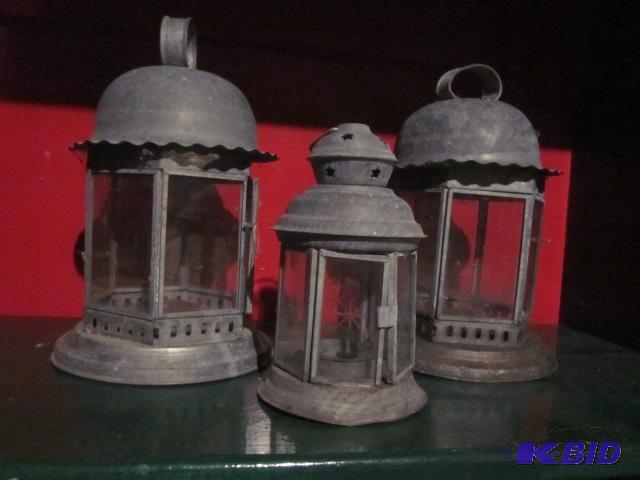 lot 73 image: Lot of (3) tin candle lanterns, metal with gl...