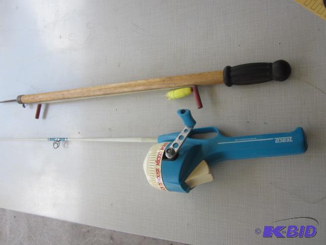 Vintage Mickey Mouse fishing pole and an ice