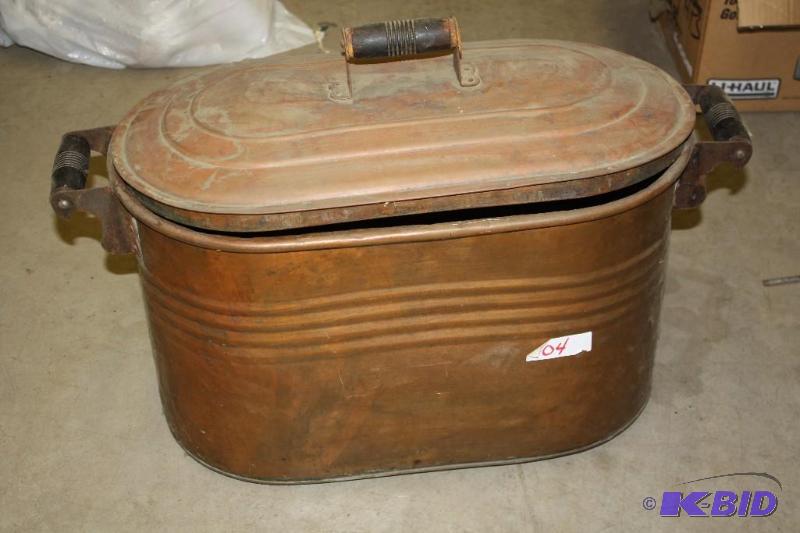 lot 104 image: Antique Copper Canning Steamer Tub with handl...