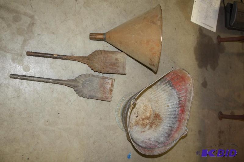lot 105 image: Antique coal bucket with shovels and funnel 1...