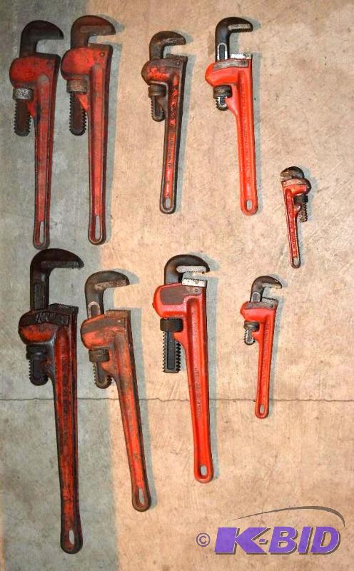 lot 34 image: 9 Ridgid Pipe Wrenches sizes are   18" ...