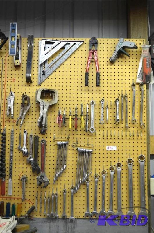 lot 45 image: All tools seen on peg board. Wrenches, Bolt C...