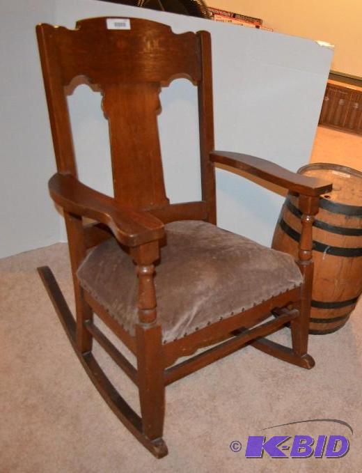 lot 111 image: Antique Rocking Chair Slat Back with upholste...