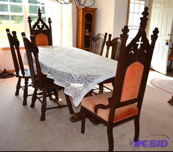 lot 126 image: Antique Hand Carved Dining Chairs - 2 end cha...