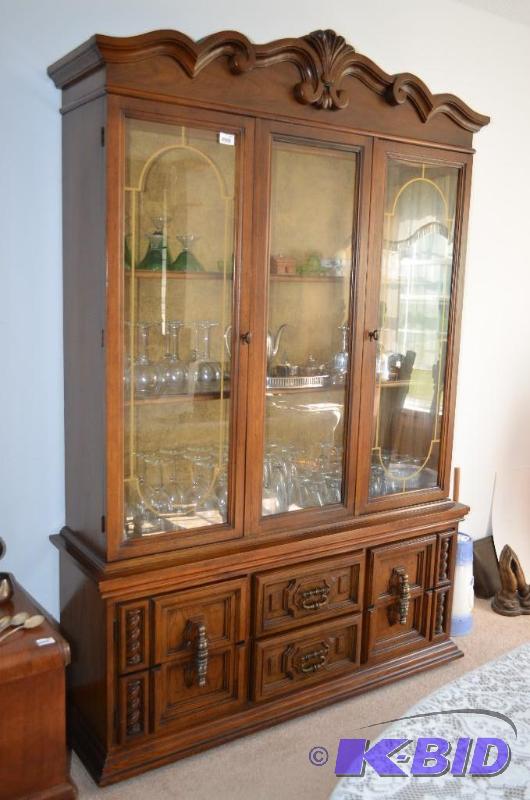 lot 127 image: Vintage wood lighted hutch with glass shelves...