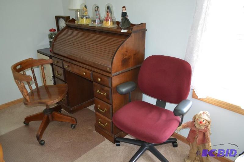 lot 140 image: Antique roll top desk with captains desk cha...