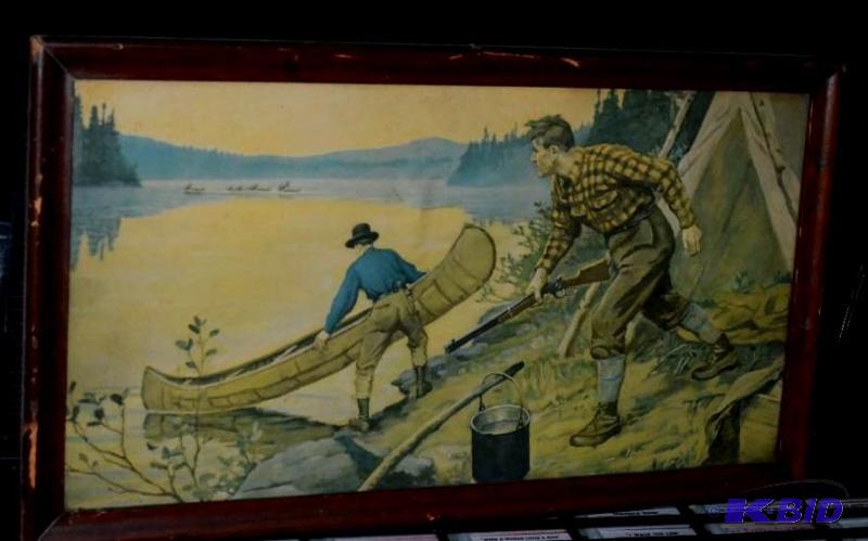 lot 160 image: Antique framed hunting canoe scenet-...