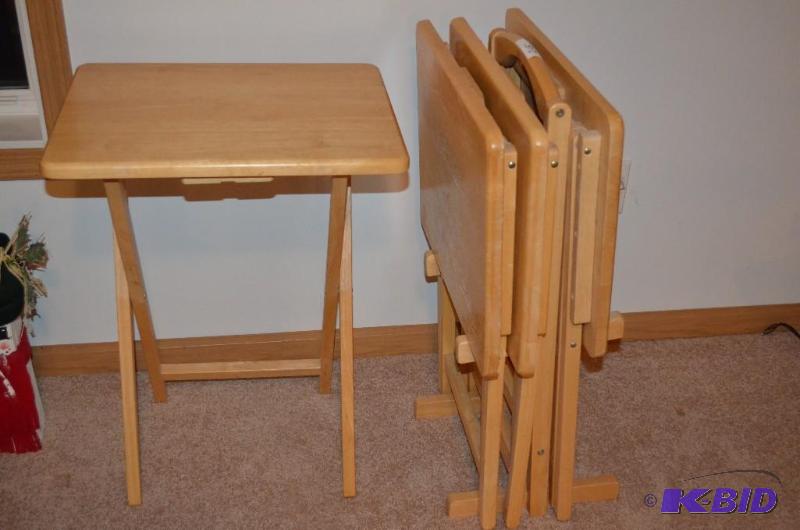 lot 245 image: Set of 4 Light Colored Wood TV tray tables on...