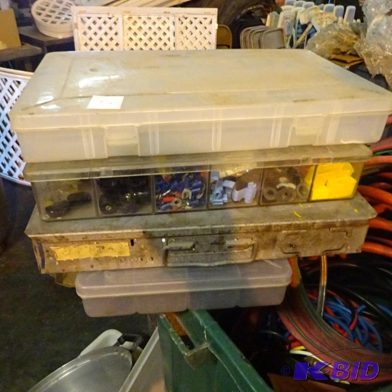 lot 34 image: 3 plastic hardware bins. 1 has electrical har...