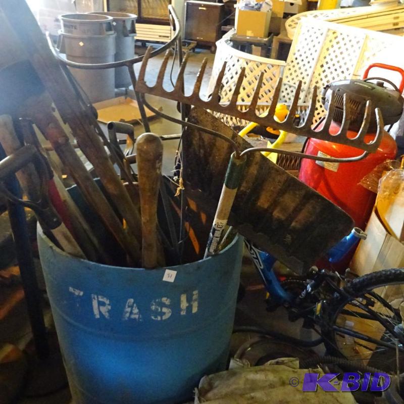 lot 51 image: Bin full of lawn and garden tools. Aluminum o...