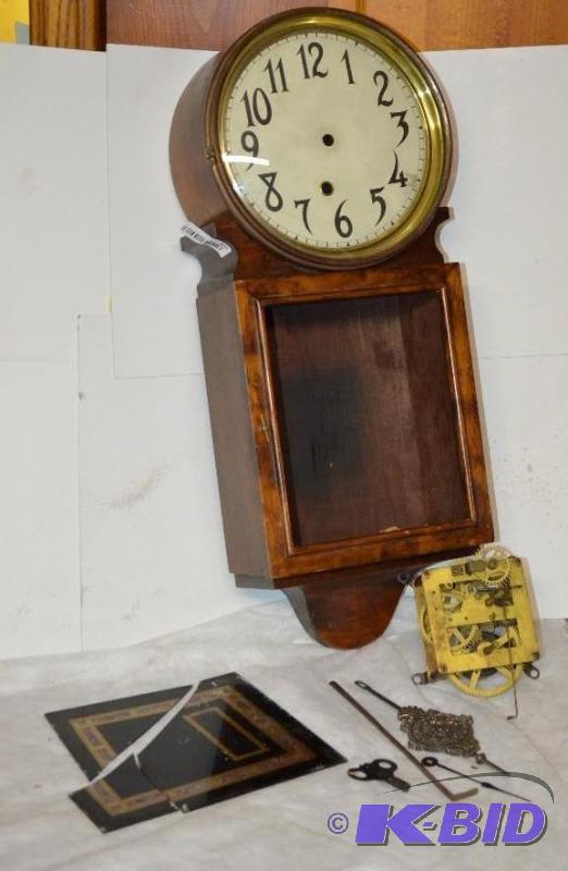 lot 36 image: Antique wood wall clock by E. Ingraham Co., B...