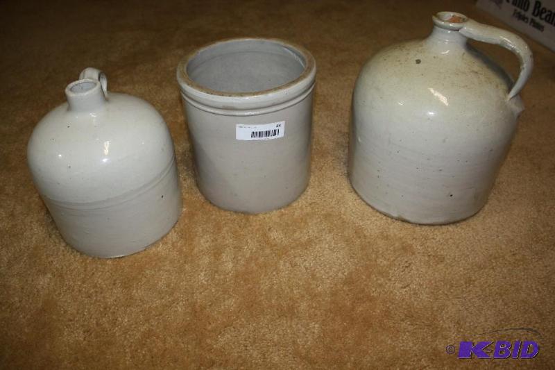 lot 44 image: Stoneware 2 shoulder jugs and one crock. No ...