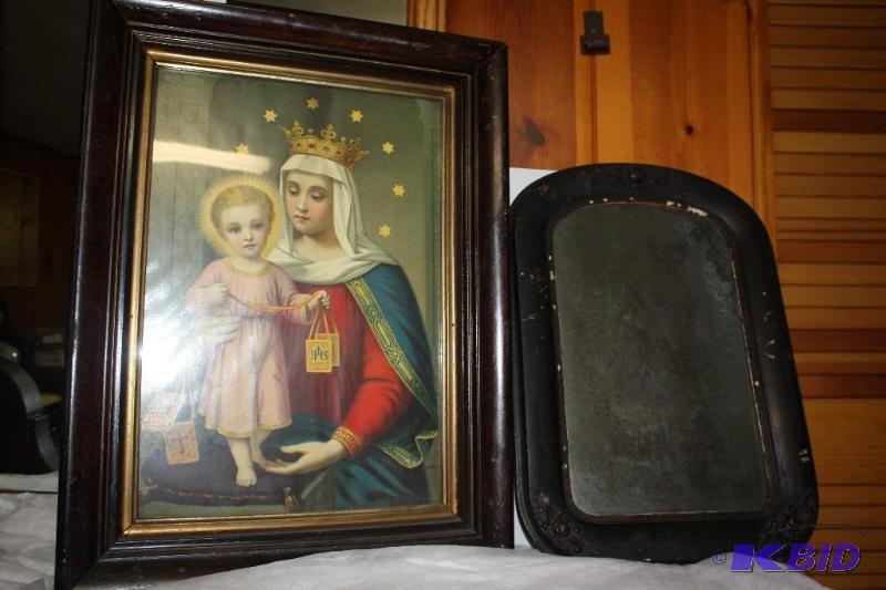 lot 45 image: Antique framed mirror. Do not know if the a...