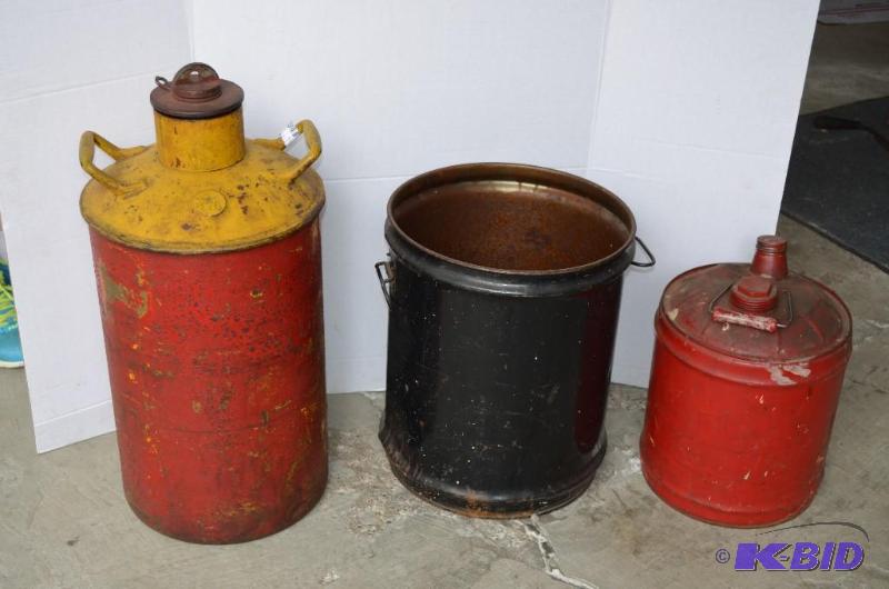lot 64 image: Antique Cans   RedYellow Oil Can with thread...