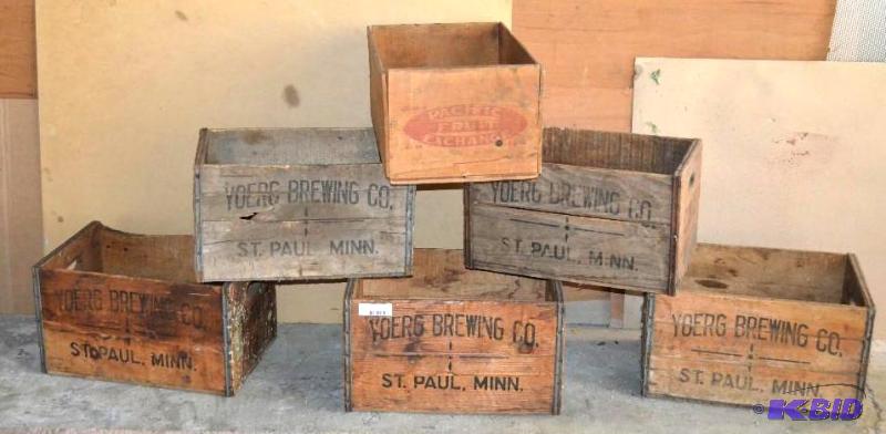 lot 65 image: 6 antique wood crates   5 read Yoerg Brewing...
