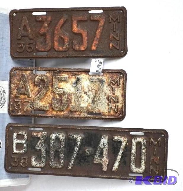 lot 67 image: 3 Vintage MN License Plates from 1936 - 1938...