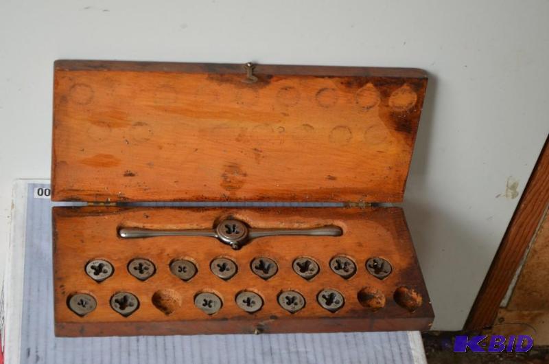 lot 68 image: Antique Handy Tap and Die Set in antique wood...