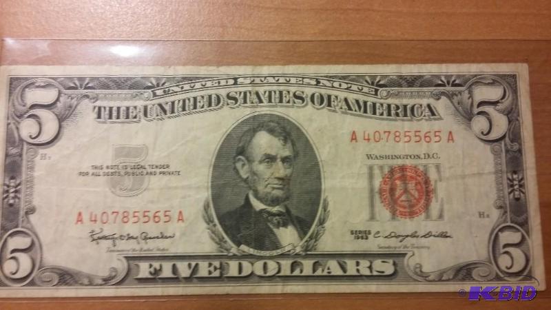 1963 FIVE DOLLAR RED SEAL US NOTE...