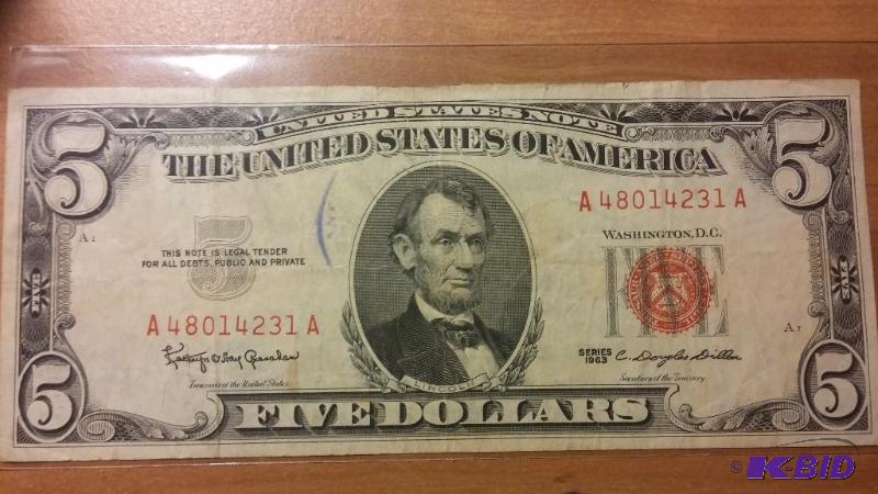 1963 FIVE DOLLAR RED SEAL US NOTE...