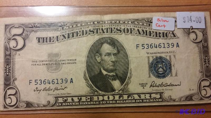 1953 FIVE DOLLAR BLUE SEAL US SILVER CERTIFIC...