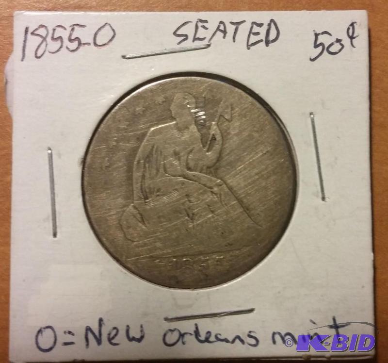 1855-O SEATED HALF DOLLAR 90% SILVER...