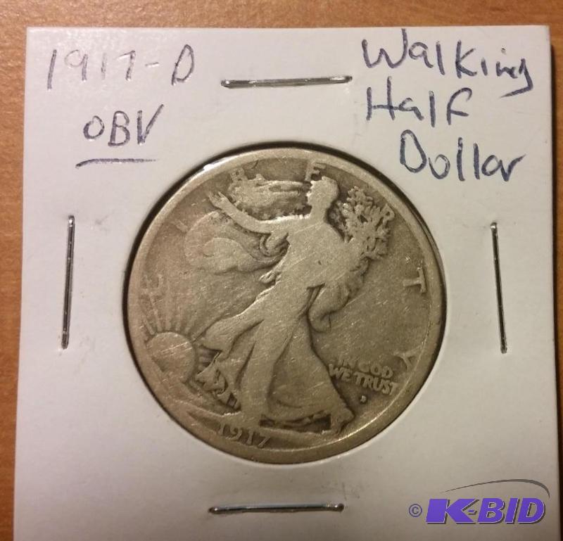 1917-D OBV WALKING HALF DOLLAR 90% SILVER...