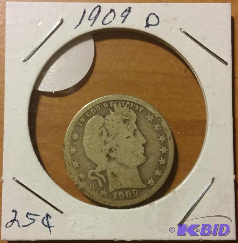 1909-D BARBER QUARTER 90% SILVER...