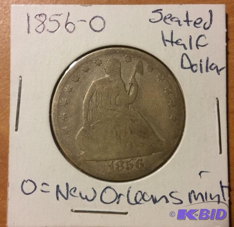 1856-O SEATED HALF DOLLAR 90% SILVER...