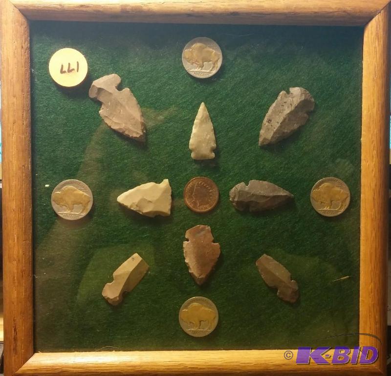 FRAMED BUFFALO NICKELS AND ARROW HEADS DISPLA...