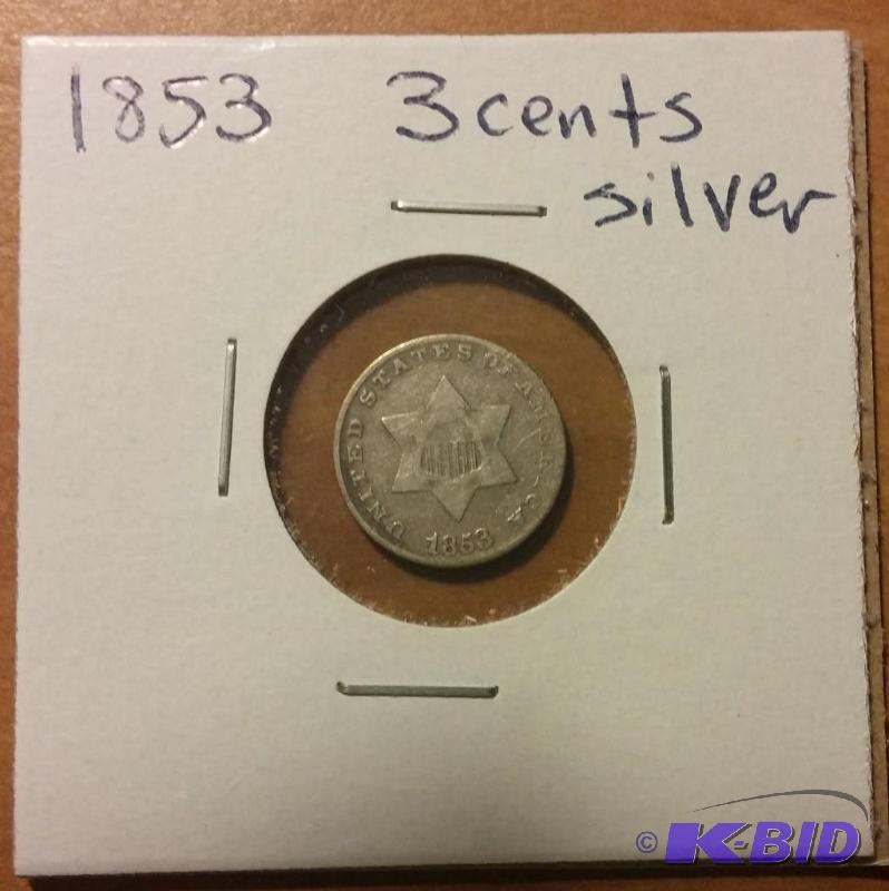 1853 THREE CENT SILVER 90% SILVER...