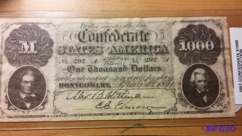 1861 CONFEDERATE STATES OF AMERICA $1,000 DOL...