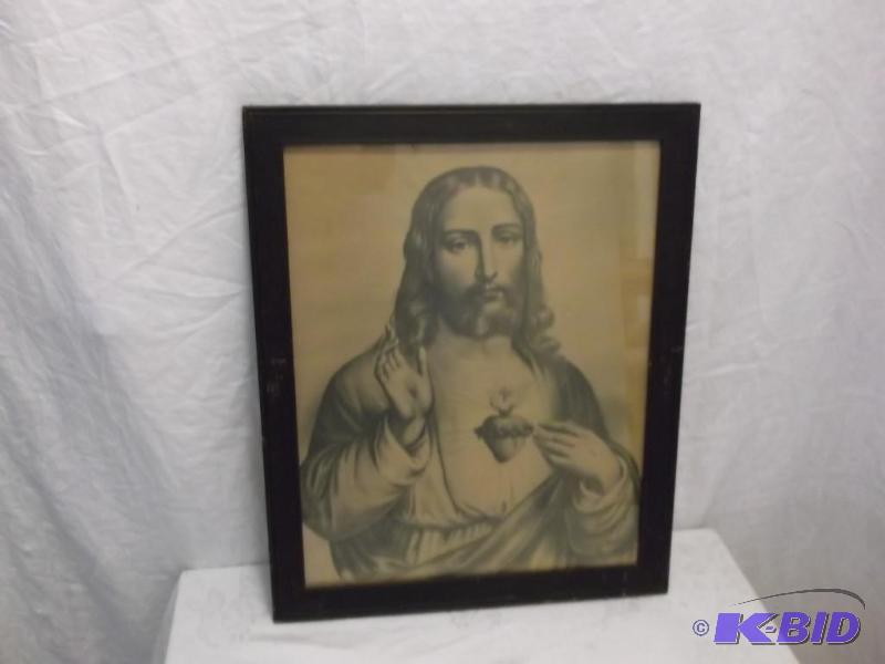 lot 21 image: Vintage religious picture in solid wood frame...