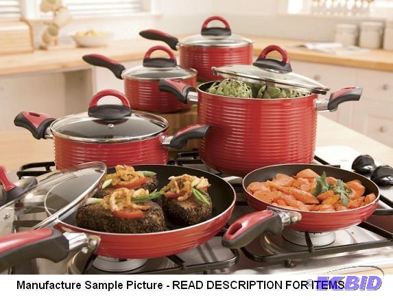 lot 128 image: Ginnys 10-piece Ribbed Cookware Set - Red  ...
